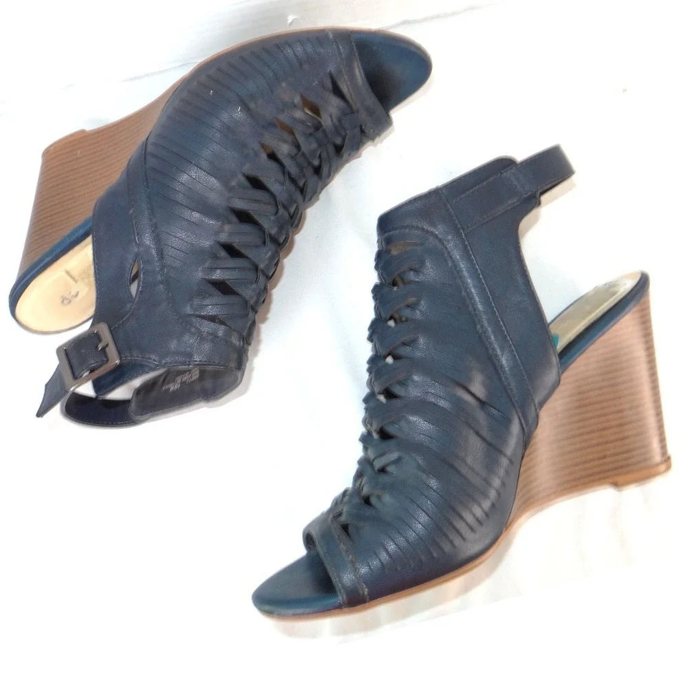 Dollhouse‎ Snaffu Navy Blue Woven Caged Wedge Sandals Womens 10W Open Toe Buckle